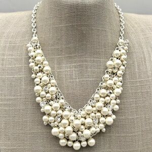 Charter Club Necklace Faux Pearl Crystal Cluster Beaded Bib Silver Tone 16-18”L